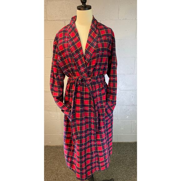 Vintage 1960s Plaid Cotton Flannel Robe XL Red Blue - Picture 1 of 11